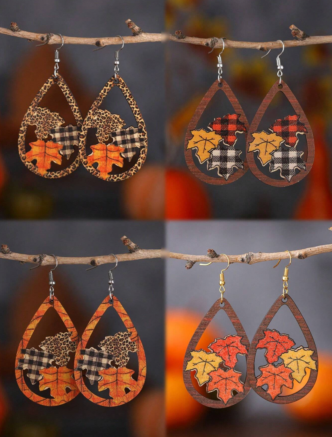 🍁Beautiful 4-Pairs Maple Decor Wooden Hollow Earrings