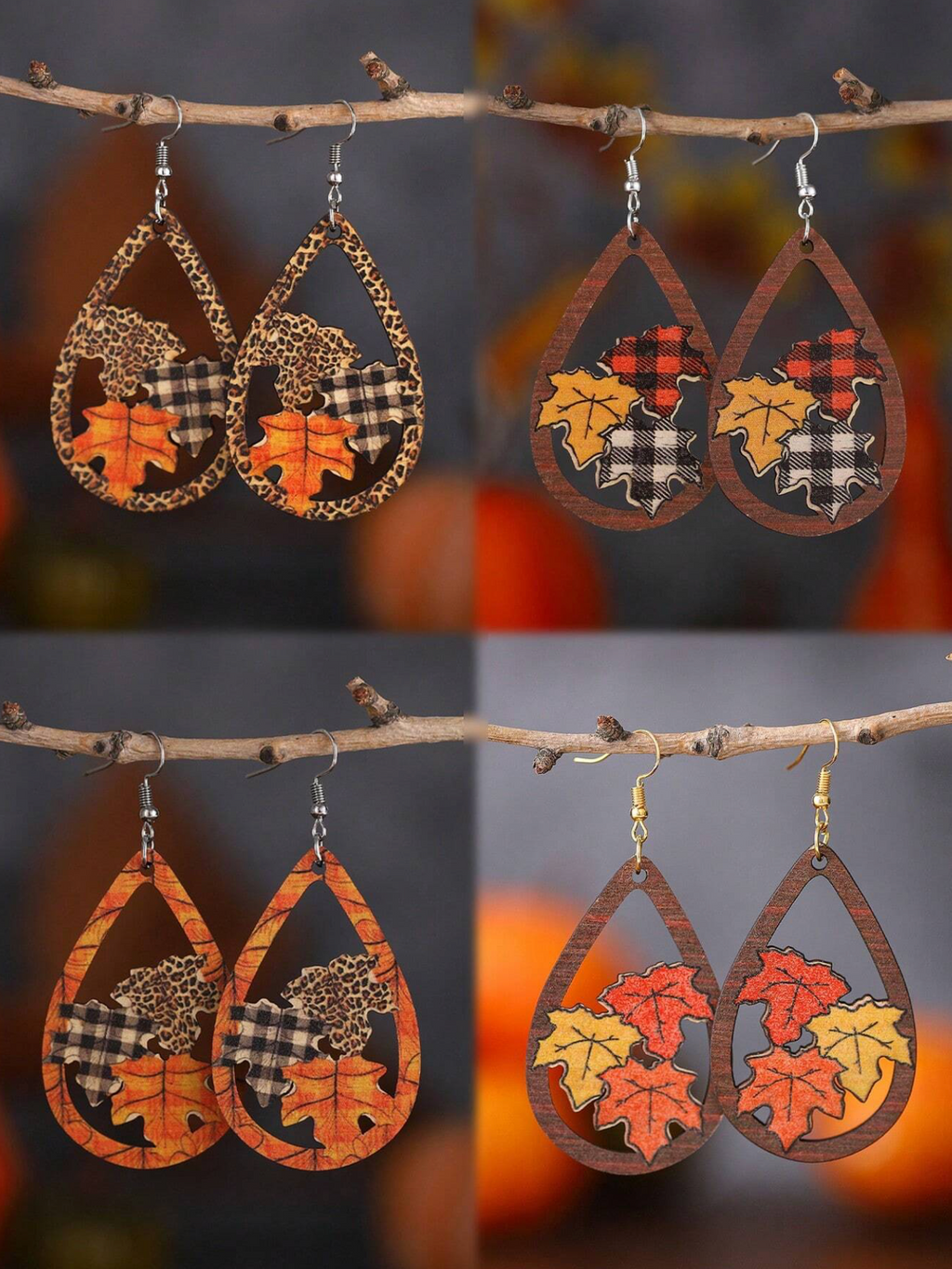 🍁Beautiful 4-Pairs Maple Decor Wooden Hollow Earrings